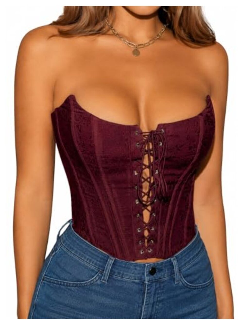 Strapless Lace Up Corset Top Bustier Crop Overbust Y2K Clubwear